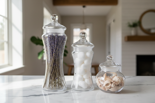 Three elegant glass apothecary jars arranged on marble countertop with lavender, cotton balls, and seashells in natural light