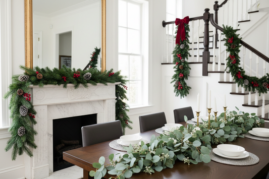 Artificial garland display showing PE evergreen garland on fireplace mantel, PVC garland with pinecones on staircase, and eucalyptus greenery as table