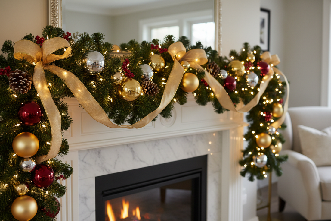 Elegant holiday garland swag with LED lights, gold and burgundy ornaments draped across fireplace mantel