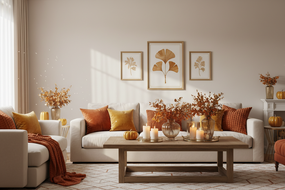 Beautifully styled living room showcasing seasonal fall decor with cohesive warm color palette including terracotta, orange, and golden accents.