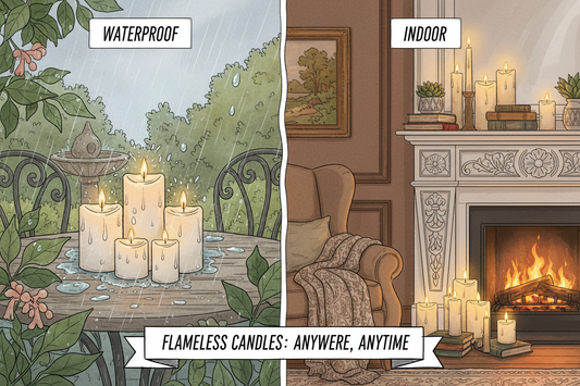 Comparison of waterproof and indoor flameless LED candles showing different designs and features for home and outdoor use
