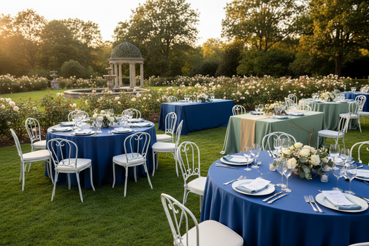 Elegant outdoor event with weather-resistant polyester and spandex tablecloths on tables in garden setting