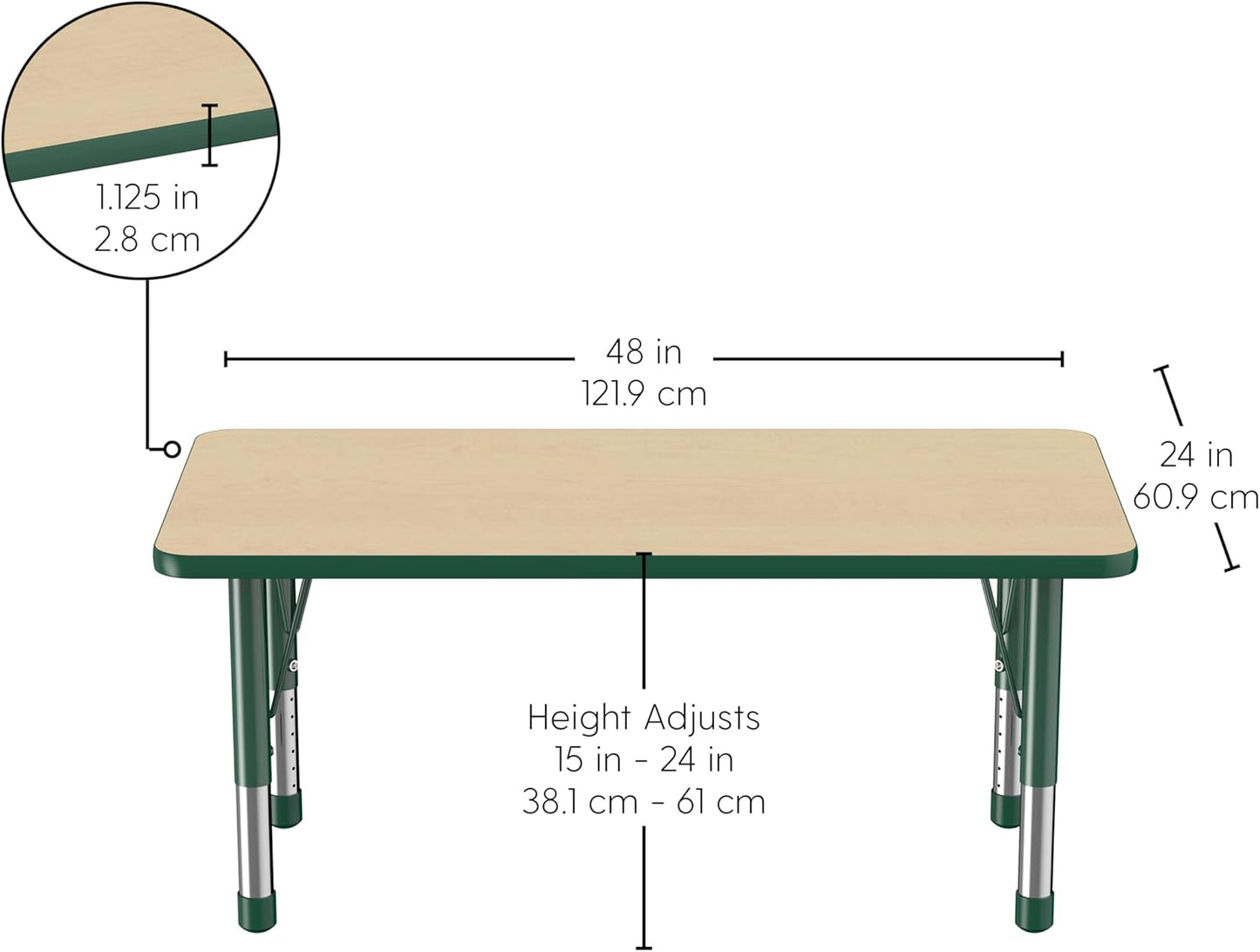 FDP Rectangle Activity School and Kids Classroom Table (24 x 48 inch), Toddler Legs, Adjustable Height 15-24 inches - Maple Top and Green Edge
