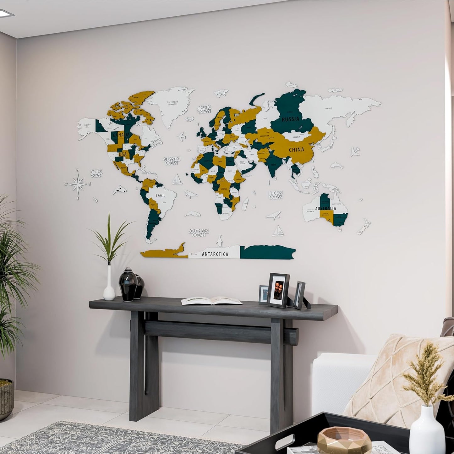 Colorfull Worlds 3D Wooden World Map Wall Art | Unique Wall Decor with Pins for Travel Enthusiasts | Home and Office Wall Décor | Gold-Blue | Large
