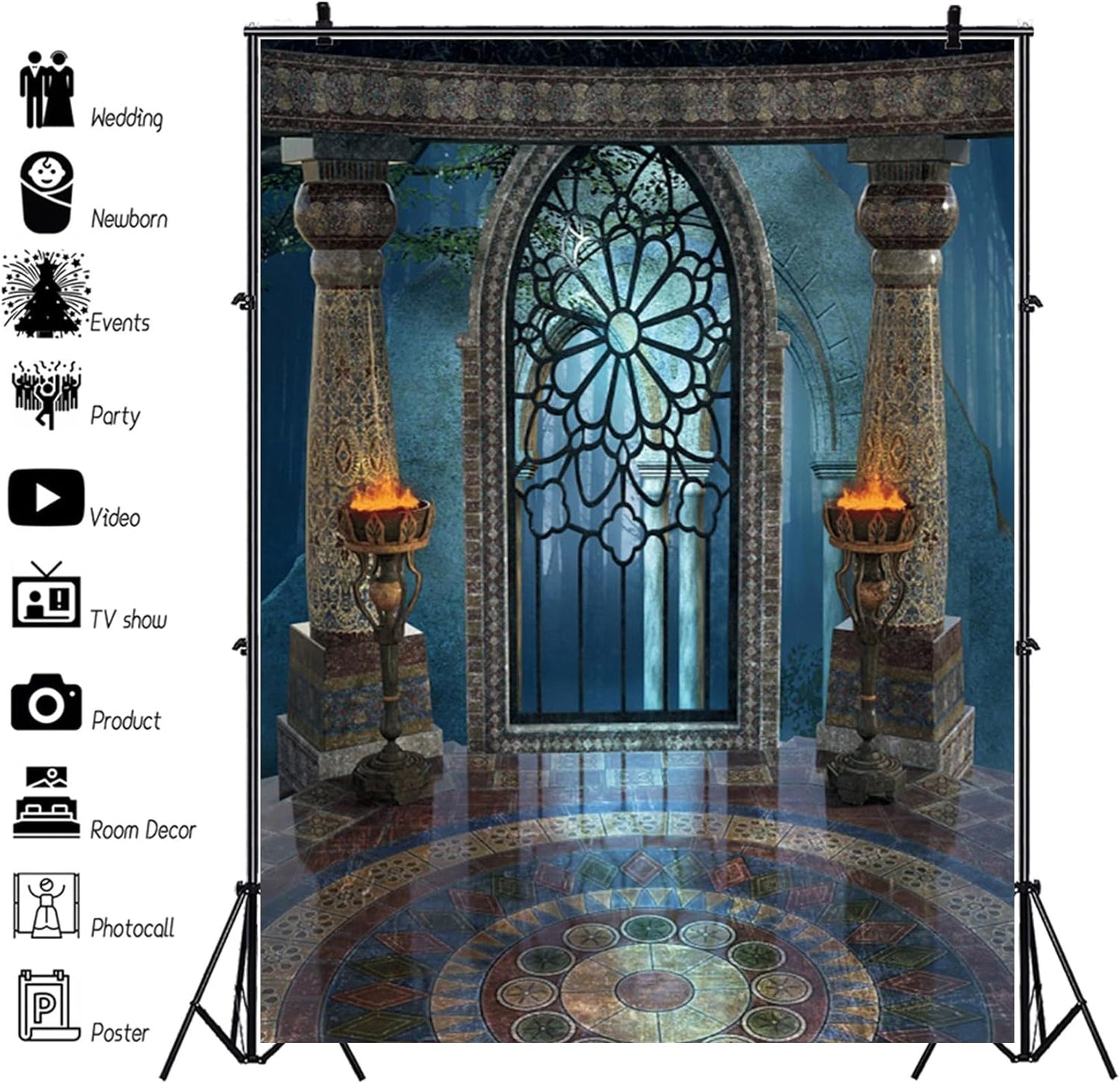 Renaiss 6x8ft Medieval Castle Backdrop for Photoshoot Portrait Pillar Torch Gothic Stone Tower Ancient Old Fortress Interior Photography Background Halloween Party Decor Wallpaper Photo Studio Props